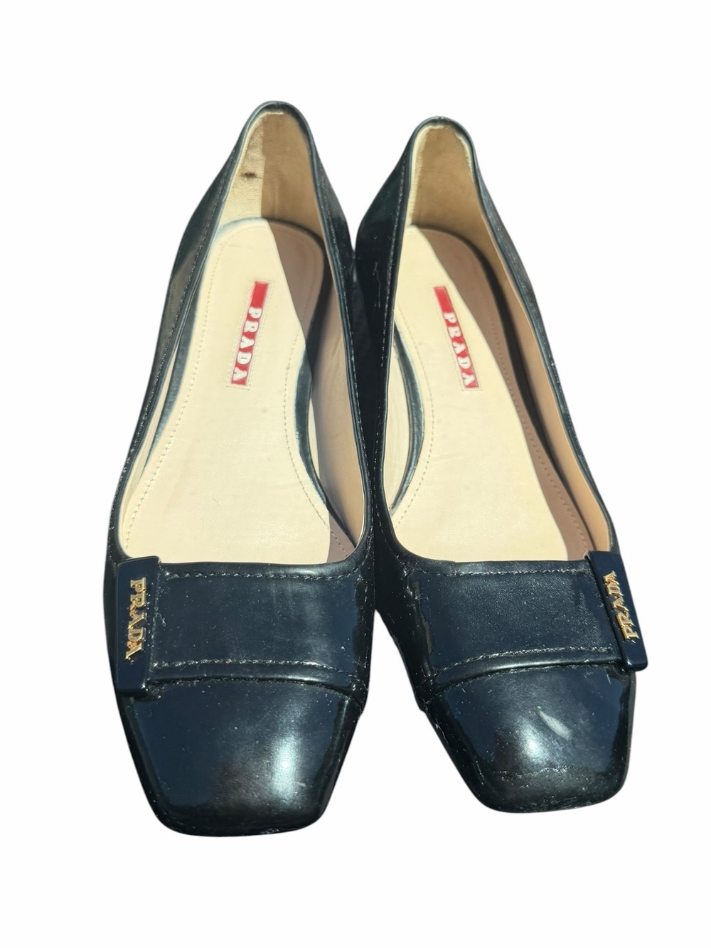 Prada Patent Leather Kitten Wedge Pumps Black Logo Heels EU 37.5 Authentic - Picture 2 of 11